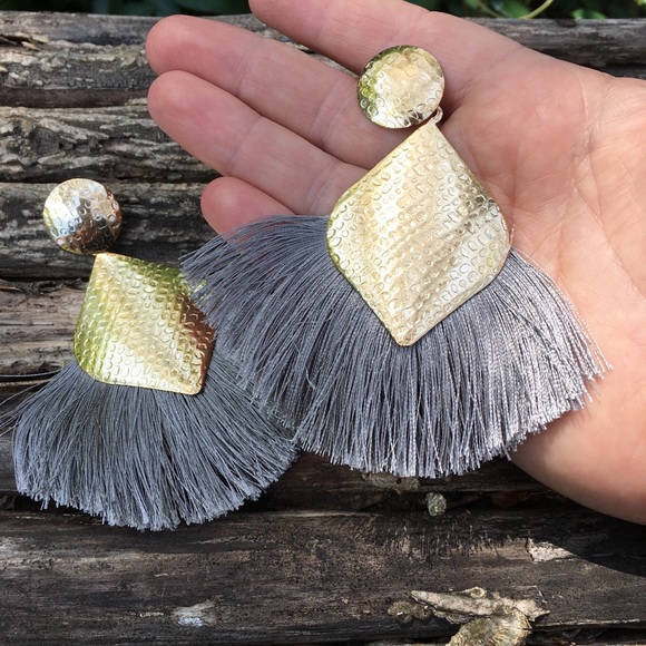 Big Beautiful Grey & Gold Tassel Earrings - Picture 5 of 5